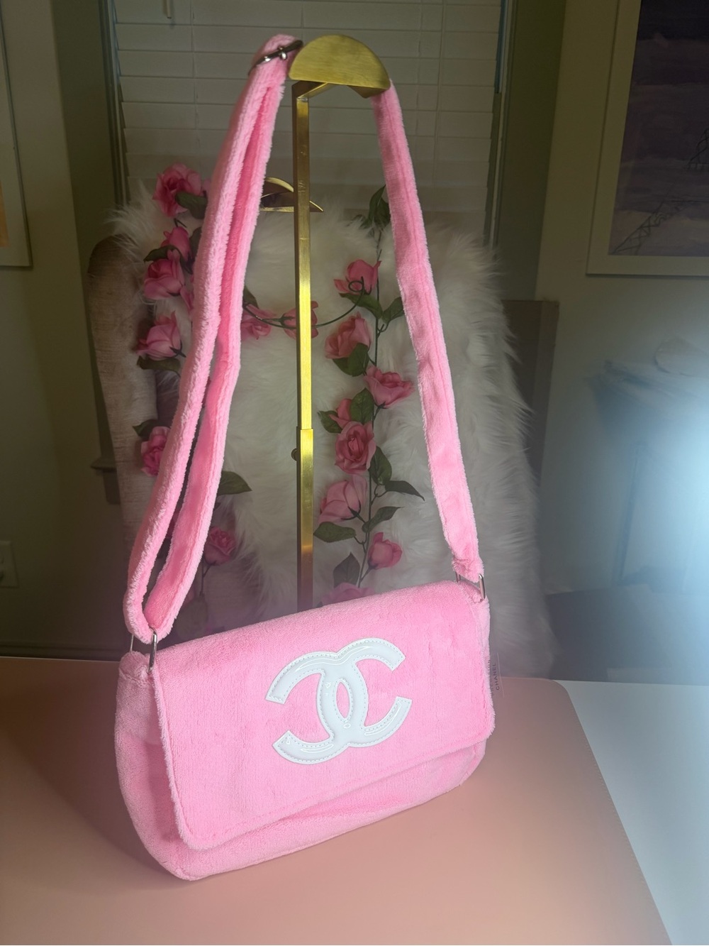 Chanel Pink Fluffy Terry Cloth Flap Shoulder Bag w/ White CC Logo UNUSED
